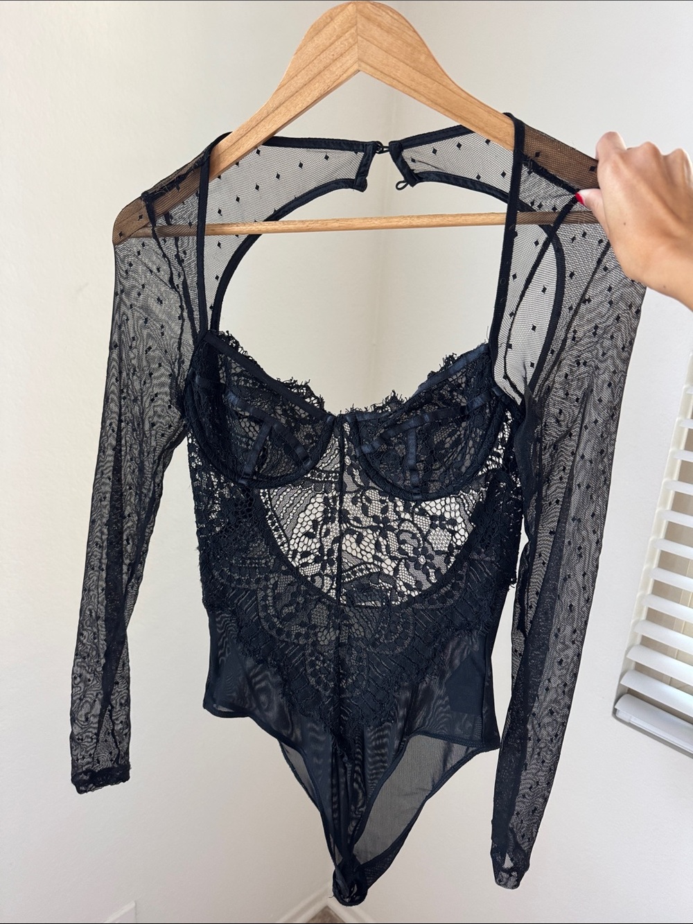 Bardot Black Sheer Lace Long-Sleeve Bodysuit